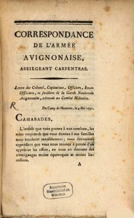 Correspondance de l'armée avignonaise
