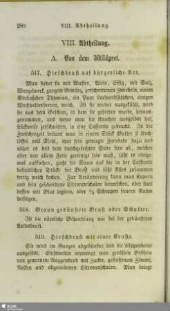 VIII. Abtheilung. A. Von dem Wildpret. B. Von dem Geflügel