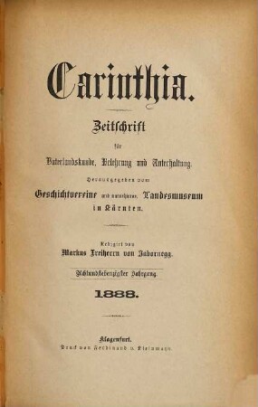 Carinthia : Zeitschrift für Vaterlandskunde, Belehrung u. Unterhaltung. 78. 1888