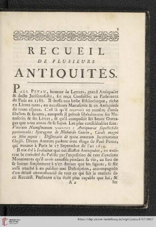 Recueil De Plusieurs Antiquités