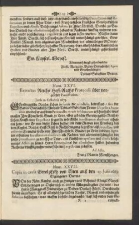 Num. XXVI. Extractus Reichs Hoff-Raths Ptotocolli über vorgesetzte Protestation. Jovis 12. Octobris 1673.
