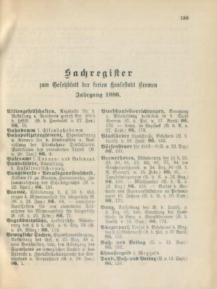 Sachregister zum Gesetzblatt der freien Hansestadt Bremen. Jahrgang 1886