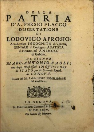 Della patria d'A. Persio Flacco : Dissertatione