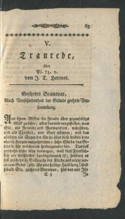 V. Traurede, über Ps. 73, 5. von J. T. Hermes