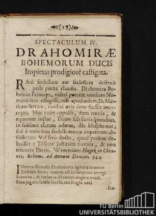 Spectaculum IV. Drahomirae Bohemorum Ducis Impietas prodigiosè castigata.