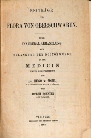 Beiträge zur Flora von Oberschwaben : Inaugural-Abhandlung