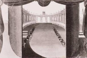 Dresden, Karussellfest in einem aus Holz erbauten Amphitheater, Cartel-Rennen zum Karneval am 9. Februar 1697 am Dresdner Hof. Kupferstichkabinett Dresden
