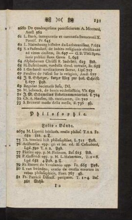 131-141, Philosophie. Folio-Bände. Quart-Bände. Octav-Bände. Duodez-Bände.