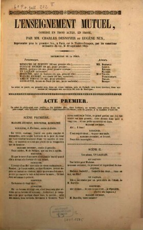 L' enseignement mutnel : Comédie en 3 actes, en prose. Par MM. Charles Desnoyer et Eugène Nus. [Kopft.]