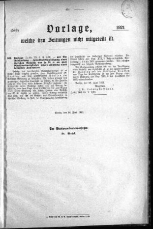 Anlagen: (589), Vorlagen, welche den Zeitungen nich mitgeteilt sind, 24. Juni 1921