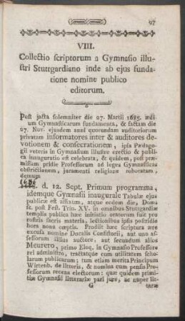 VIII. Collectio scriptorum a Gymnasio illustri Stuttgardiano inde ab ejus fundatione nomine publico editorum