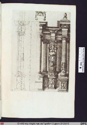 Ionische Ordnung. Ionische Säulen mit Gebälk und Karyatide.
