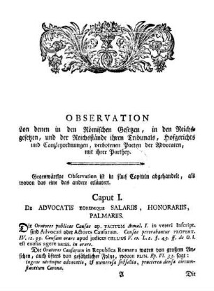 Caput I. De Advocatis eorumque Salariis, Honorariis, Palmariis.