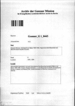 Gossner Mission, Arbeitszentrum Mainz 1978-1983. Allgemeiner Schriftwechsel