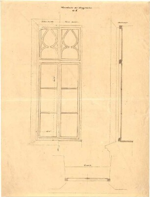 Gärtner, Friedrich von; München; Wittelsbacherpalast - Turmfenster EG (Grundriss, Ansicht, Schnitt)