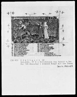 Weltchronik des Rudolf von Ems — Simsons Kampf mit dem Löwen, Folio 109recto