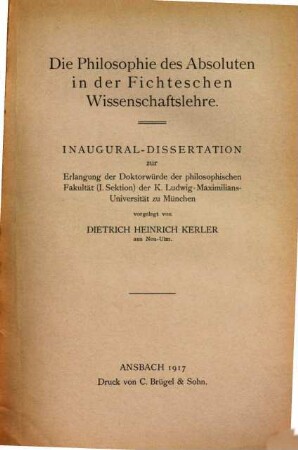 Die Philosophie des Absoluten in der Fichteschen Wissenschaftslehre