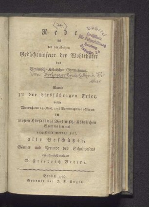 Mittwoch den 19. Oktob. ... im großen Hörsaal des Berlinisch-Kölnischen Gymnasiums ... D. Friedrich Gedike