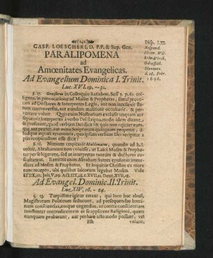 Paralipomena ad Amoenitates Evangelicas. Disp. LXI. - LXII.