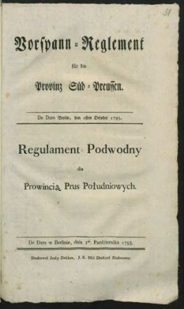 Vorspann-Reglement für die Provinz Süd-Preussen : De Dato w Berlinie. dnia 1go. Pazdźiernika 1793