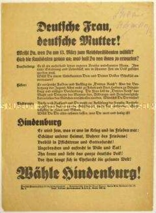 Aufruf des Deutschen Frauenausschusses für die Hindenburgwahl zur Wahl von Paul von Hindenburg zum Reichspräsidenten 1932