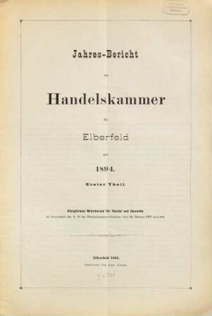 Jahresbericht der Handelskammer zu Elberfeld. 1894,1 (1895)