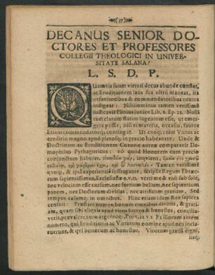 Decanus Senior Doctores et Professores Collegii Theologici In Universitate Salana ...