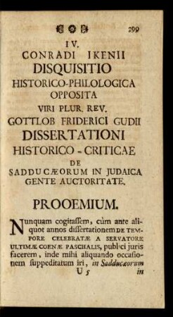 IV. Conradi Ikenii Disquisitio Historico-Philologica Opposita Viri Plur. Rev. Gottlob Friderici Gudii Dissertationi Historico-Criticae ...