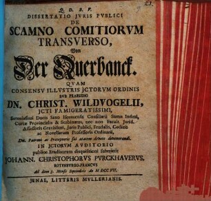 Dissertatio Jvris Pvblici De Scamno Comitiorvm Transverso : = Von der Querbanck