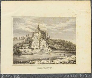 Das Schloss Hirschstein zwischen Meißen und Riesa von Südosten über die Elbe gesehen, aus Schiffners Beschreibung von Sachsen um 1840