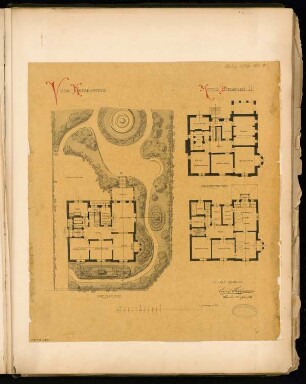 Villa für M. Katzenstein, Bielefeld Monatskonkurrenz März 1884: Lageplan mit Erdgeschoss, Keller, Obergeschoss; Maßstabsleiste