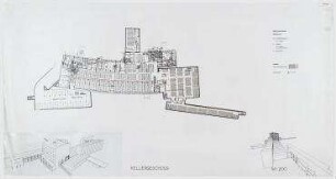 Bauwettbewerb Amerika-Gedenkbibliothek/Berliner Zentralbibliothek, AGB (nicht realisiert), 1. Preisgruppe – Grundriss Keller, Perspektivansicht, Innenperspektivansicht. Berlin-Kreuzberg, Blücherplatz 1
