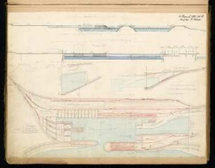 Handelshafen Monatskonkurrenz September 1880: Lageplan, Profilschnitte durch das Hafenbecken; Maßstabsleiste