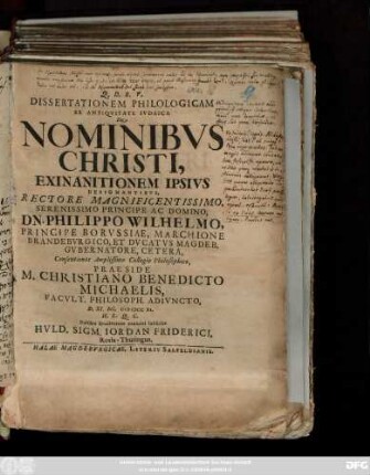Dissertationem Philologicam Ex Antiqvitate Ivdaica De Nominibvs Christi, Exinanitionem Ipsivs Designantibvs