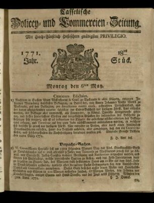 18tes Stueck, Montag den 6ten May 1771