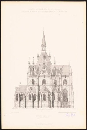 Wallfahrtskirche: Längsansicht (aus: C. Schäfer, Die Bauhütte, Entwürfe im Stile des Mittelalters, 3. Bd., 1895, Blatt 10)