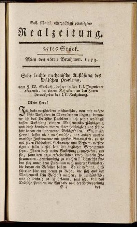 25tes Stück. Wien den 26ten Brachmon. 1773.