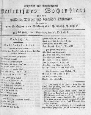 486stes Stück, Sonnabend den 25. April 1818