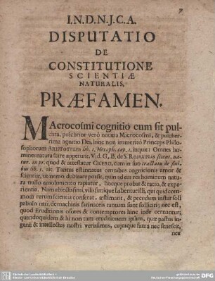 DISPUTATIO DE CONSTITUTIONE SCIENTIAE NATURALIS. PRAEFAMEN.
