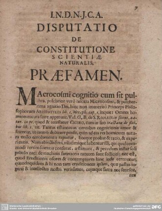 DISPUTATIO DE CONSTITUTIONE SCIENTIAE NATURALIS. PRAEFAMEN.