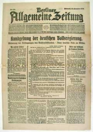 Tageszeitung "Berliner Allgemeine Zeitung" u.a. mit dem Regierungsprogramm des Rats der Volksbeauftragten
