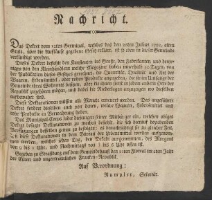 Avis : Gegeben zu Straßburg auf dem Gemeindehauß den 22ten Floreal im 2ten Jahr der ... Franken-Republik