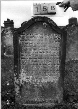 Grabstein 158 (Index: 100107428) Material: gelber Sandstein Zustand: verwittert, bewachsen und leicht versalzen Maße HxBxT: 114x46x14 cm Beschreibung: Stele mit Konvexbogenabschluß, Schriftfeld eingetieft, Sockel: Grabstein 158