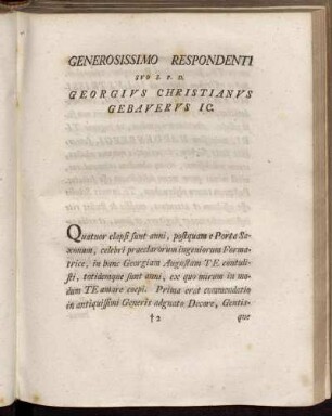 Generosissimo Respondenti SVO S.P.D. Georgivs Christianvs Gebavervs IC.