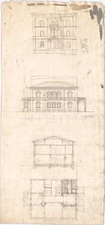 Voit, August von; Wohnhaus - Grundriss, Ansichten, Querschnitt