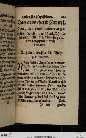Das achtzehend Capitel. Von guten unnd bewerten gedistilierte wassern welche täglich mögen eingenommen werden sich vor dem vergifften lufft zu bewaren