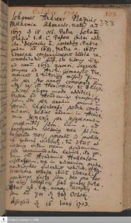 Lebenslauf von Johannes Andreas Plazius.