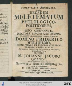 Exercitatio Academica, exhibens Decadem Meletematum Philologico-Politicorum