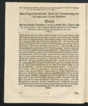 Eine kürtzere Forml und Weiß zur Verneuerung der Profession und Ordens-Gelübden.