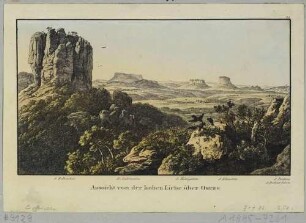 Aussicht von der Hohen Liebe, östlich von Ostrau, mit Blick auf den Falkenstein und in die Ferne auf Lilienstein und Königstein in der Sächsischen Schweiz